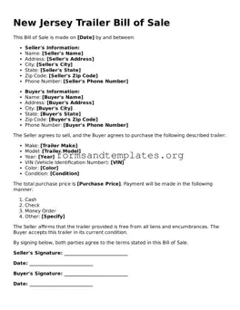 Trailer Bill of Sale Template for the State of New Jersey