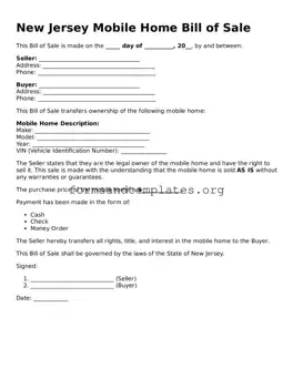 Mobile Home Bill of Sale Template for the State of New Jersey