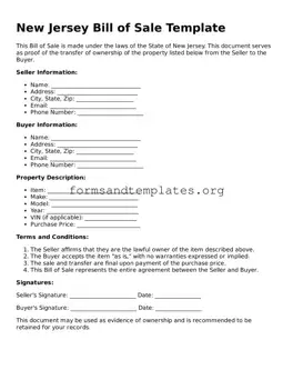 Bill of Sale Template for the State of New Jersey