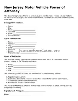 Motor Vehicle Power of Attorney Template for the State of New Jersey