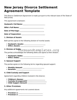 Divorce Settlement Agreement Template for the State of New Jersey