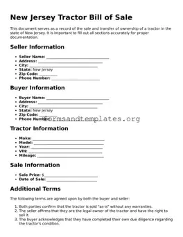 Tractor Bill of Sale Template for the State of New Jersey