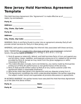 Hold Harmless Agreement Template for the State of New Jersey