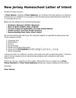 Homeschool Letter of Intent Template for the State of New Jersey