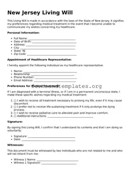 Living Will Template for the State of New Jersey