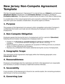 Non-compete Agreement Template for the State of New Jersey