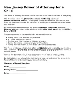 Power of Attorney for a Child Template for the State of New Jersey