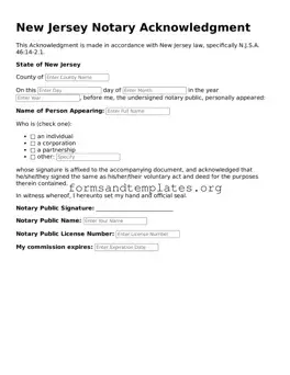 Notary Acknowledgement Template for the State of New Jersey