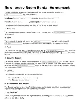 Room Rental Agreement Template for the State of New Jersey