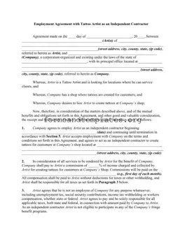 Printable Tattoo Shop Artist Agreement Template