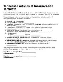 Articles of Incorporation Template for the State of Tennessee