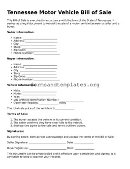 Motor Vehicle Bill of Sale Template for the State of Tennessee