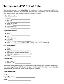 ATV Bill of Sale Template for the State of Tennessee
