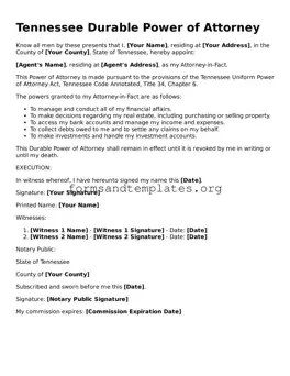 Durable Power of Attorney Template for the State of Tennessee