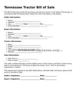 Tractor Bill of Sale Template for the State of Tennessee