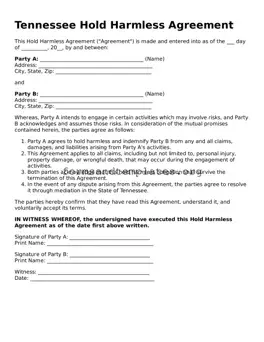 Hold Harmless Agreement Template for the State of Tennessee