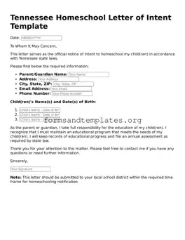 Homeschool Letter of Intent Template for the State of Tennessee