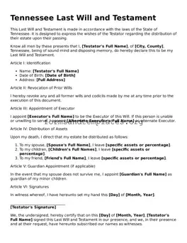 Last Will and Testament Template for the State of Tennessee
