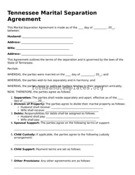 Marital Separation Agreement Template for the State of Tennessee