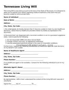 Living Will Template for the State of Tennessee