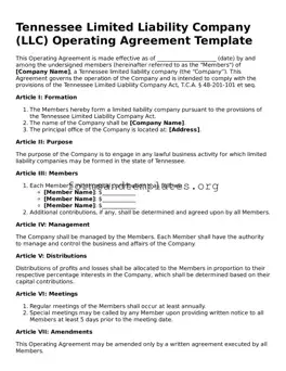 Operating Agreement Template for the State of Tennessee