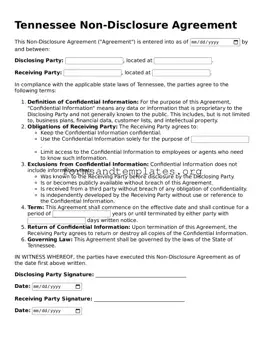 Non-disclosure Agreement Template for the State of Tennessee