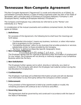 Non-compete Agreement Template for the State of Tennessee
