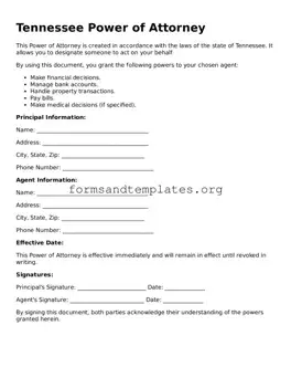 Power of Attorney Template for the State of Tennessee