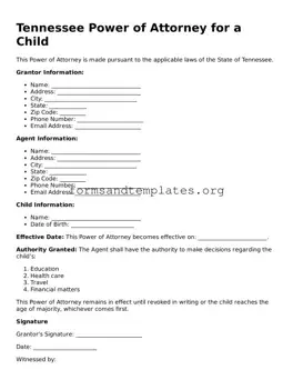 Power of Attorney for a Child Template for the State of Tennessee