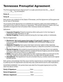 Prenuptial Agreement Template for the State of Tennessee