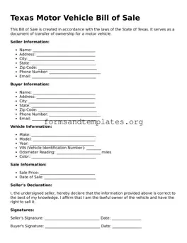 Motor Vehicle Bill of Sale Template for the State of Texas