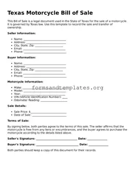 Motorcycle Bill of Sale Template for the State of Texas
