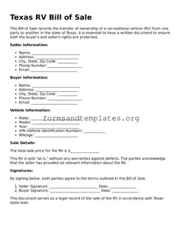 RV Bill of Sale Template for the State of Texas
