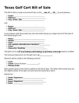 Golf Cart Bill of Sale Template for the State of Texas