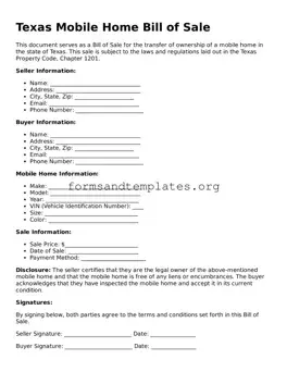 Mobile Home Bill of Sale Template for the State of Texas