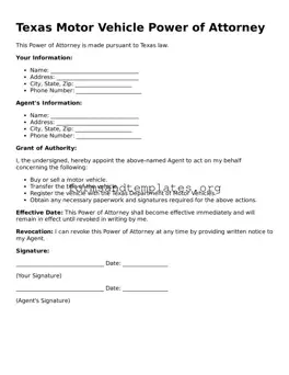 Motor Vehicle Power of Attorney Template for the State of Texas
