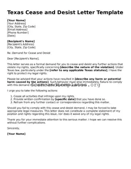 Cease and Desist Letter Template for the State of Texas