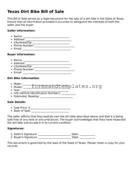 Dirt Bike Bill of Sale Template for the State of Texas