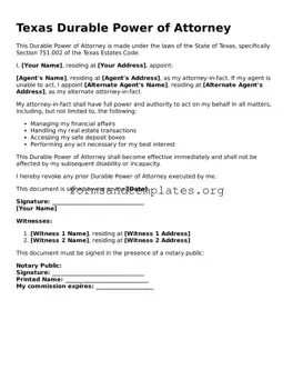 Durable Power of Attorney Template for the State of Texas