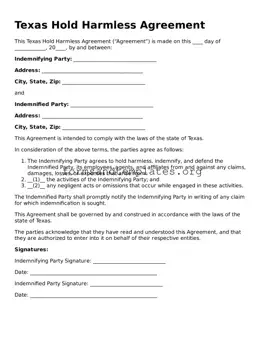 Hold Harmless Agreement Template for the State of Texas