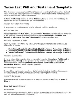 Last Will and Testament Template for the State of Texas