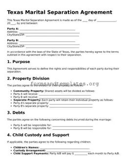 Marital Separation Agreement Template for the State of Texas