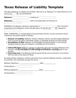 Release of Liability Template for the State of Texas