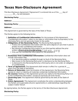Non-disclosure Agreement Template for the State of Texas