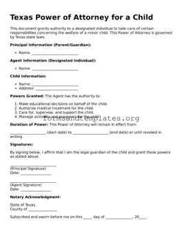 Power of Attorney for a Child Template for the State of Texas