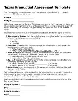Prenuptial Agreement Template for the State of Texas
