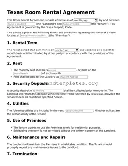 Room Rental Agreement Template for the State of Texas