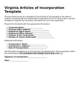 Articles of Incorporation Template for the State of Virginia