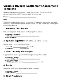Divorce Settlement Agreement Template for the State of Virginia