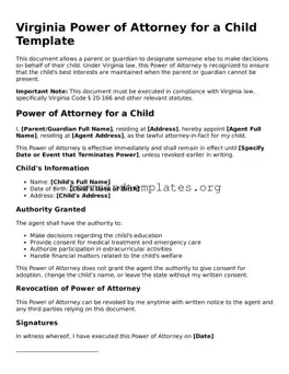 Power of Attorney for a Child Template for the State of Virginia